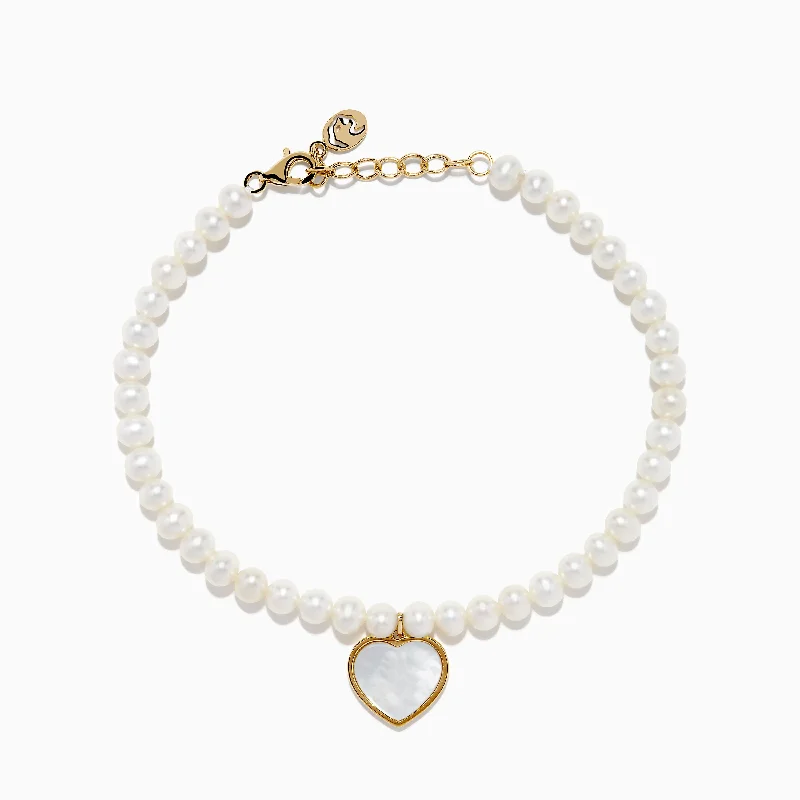 14K Gold Fresh Water Pearl and Mother of Pearl Heart Charm Bracelet