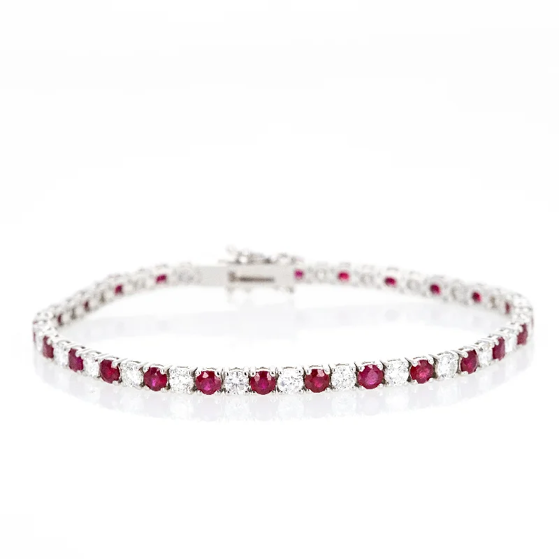 14K White Gold 4.83 Carat Round Ruby Diamond Tennis Bracelet