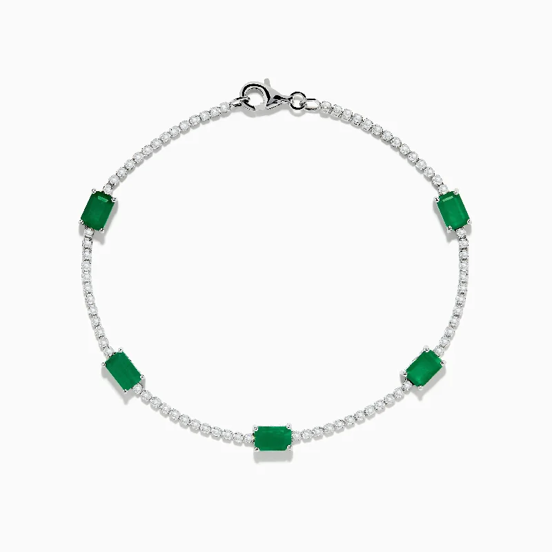 14K White Gold Emerald and Diamond Station Bracelet