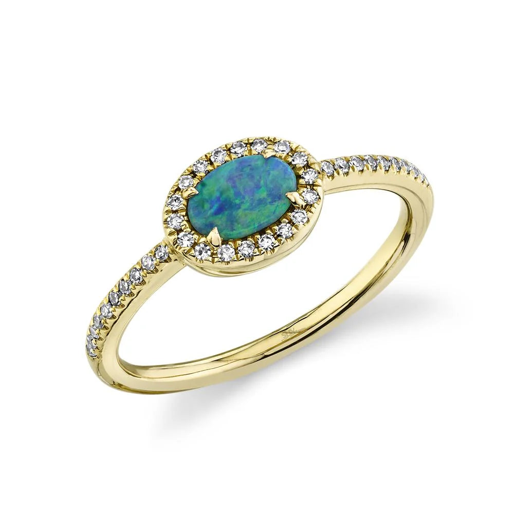 14K Yellow Gold 0.12 Carat Diamond and 0.33 Carat Opal Ring