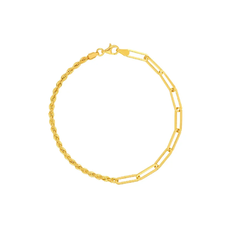 14K Yellow Gold 50/50 Hollow Paperclip and Rope Bracelet