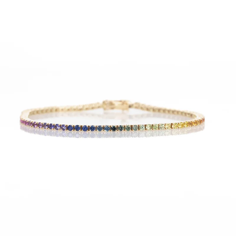 14K Yellow Gold 3.38 Carat Round Multi-Color Sapphire Tennis Bracelet