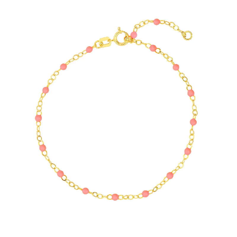 14K Yellow Gold Baby Pink Enamel Bead Station Bracelet