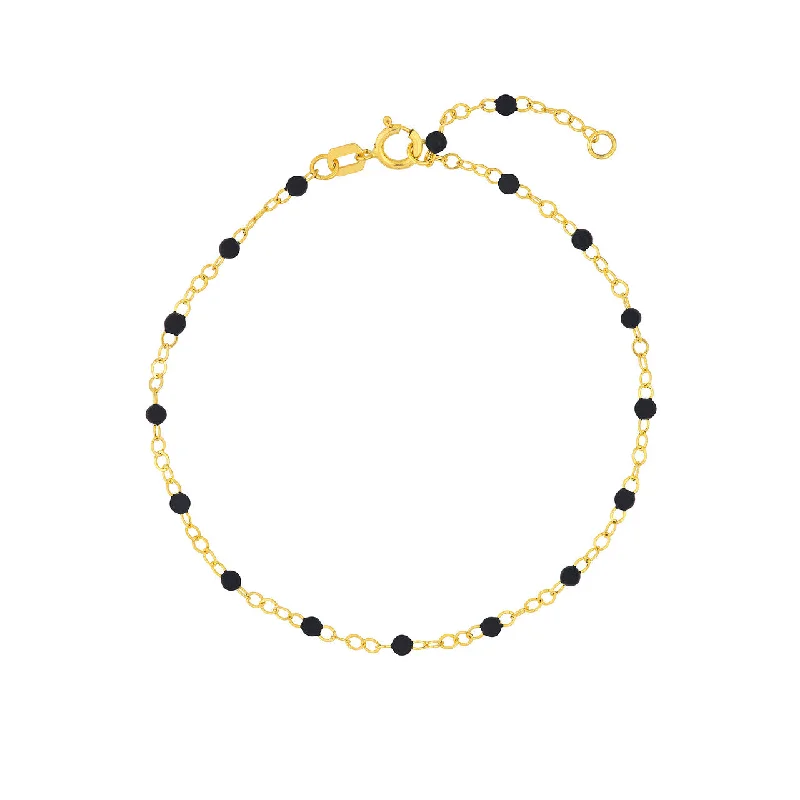 14K Yellow Gold Black Enamel Bead Station Chain Bracelet