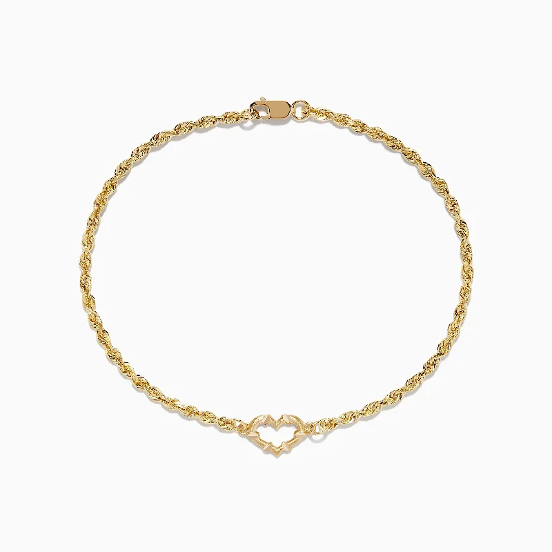 14K Yellow Gold Open Heart Rope Chain Bracelet 7.5"