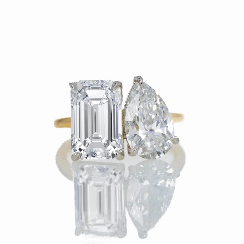 Lab Grown 7.89 Carat Pear and Emerald Cut Diamond Two Stone Ring