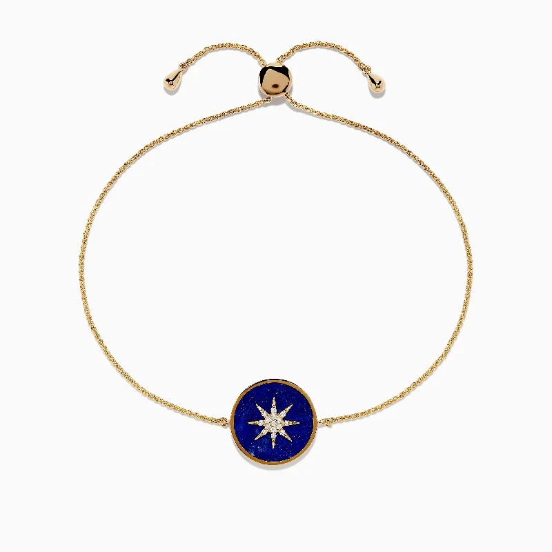 14K Yellow Gold Lapis and Diamond Compass Bolo Bracelet