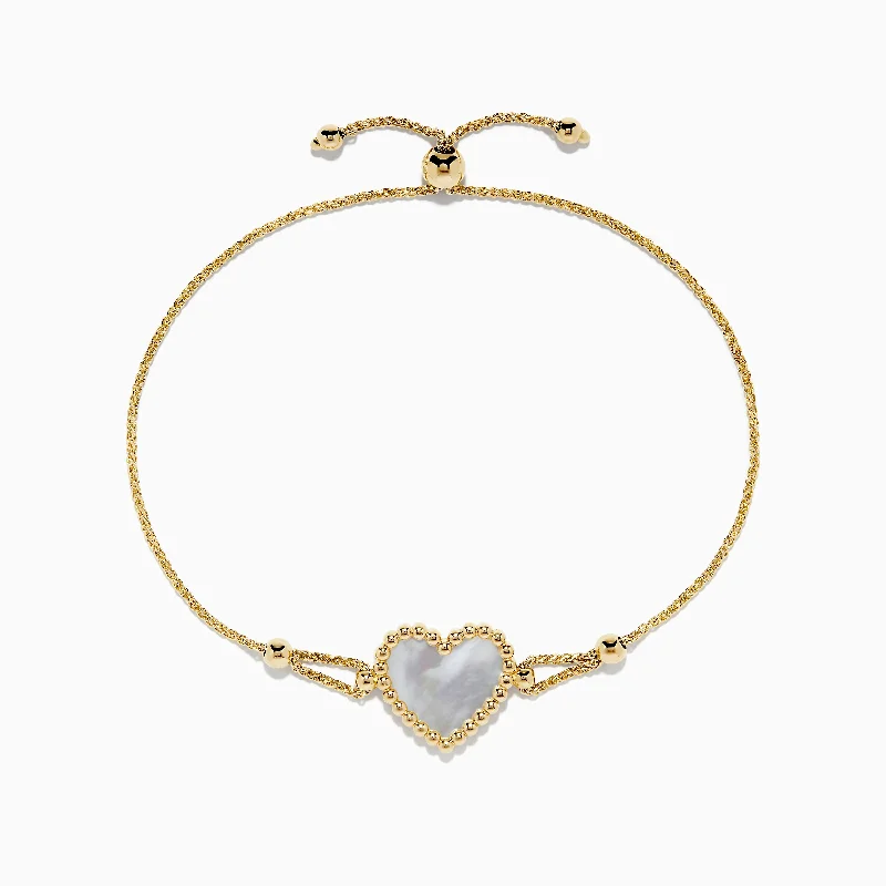 14K Yellow Gold Mother of Pearl Heart Bolo Bracelet