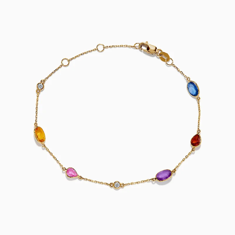 14K Yellow Gold Multi Color Sapphire and Diamond Station Bracelet