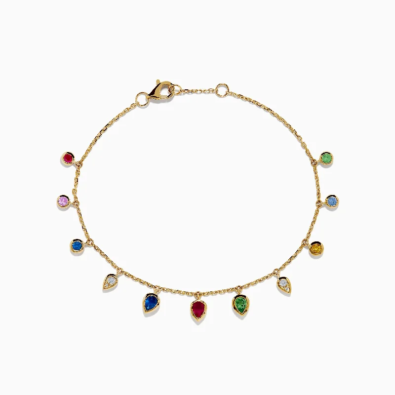 14K Yellow Gold Multi Sapphire Diamond Rain Drop Station Bracelet