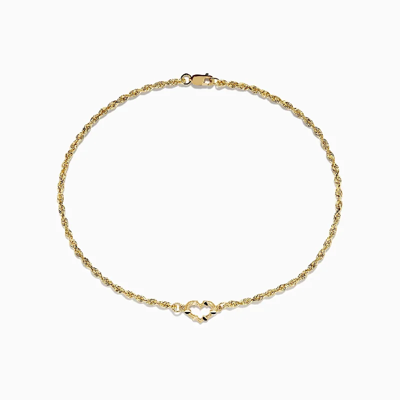 14K Yellow Gold Open Heart Solid Glitter Chain Ankle Bracelet 10"