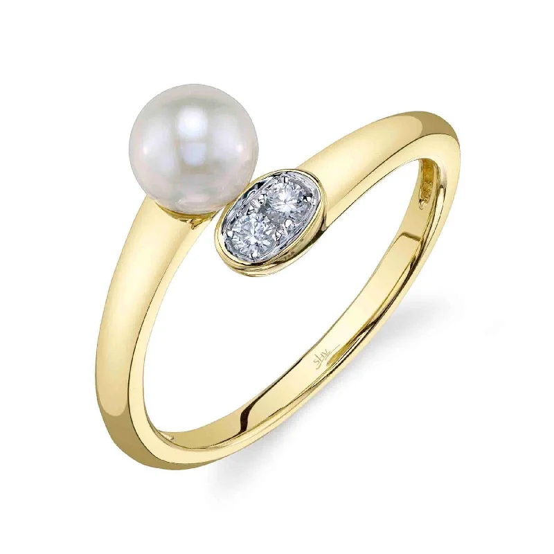 14K Yellow Gold Pearl Diamond Bypass Ring