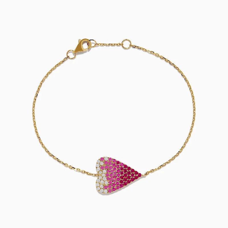 14K Yellow Gold Pink Sapphire and Diamond Heart Bracelet