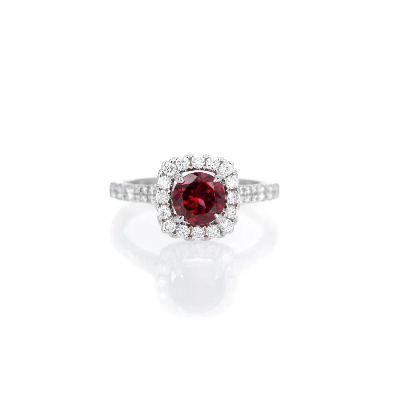 18K White Gold 1.18 Carat Garnet Diamond Halo Ring