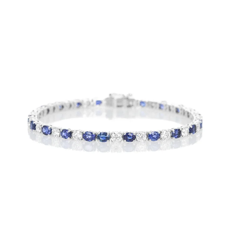 18K White Gold Oval Sapphire Diamond Tennis Bracelet