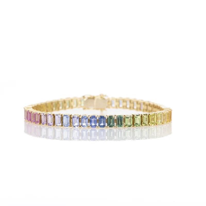 18K Yellow Gold 16.86 Carat Emerald Cut Multi-Color Sapphire Tennis Bracelet