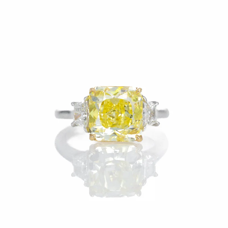 5.01 Carat Fancy Intense Yellow Radiant Diamond Three Stone Ring