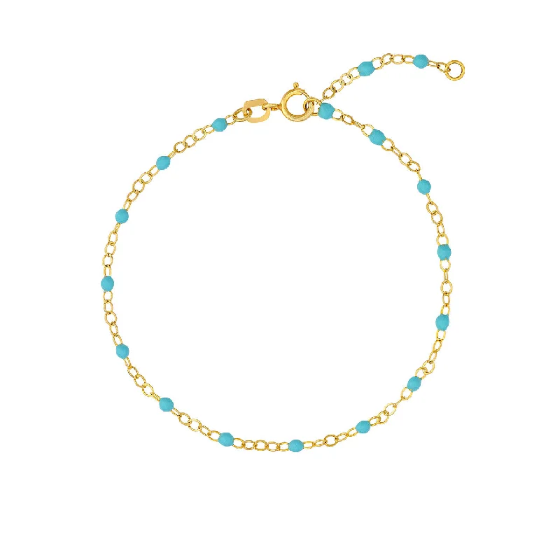 14K Yellow Gold Turquoise Blue Enamel Bead Station Bracelet