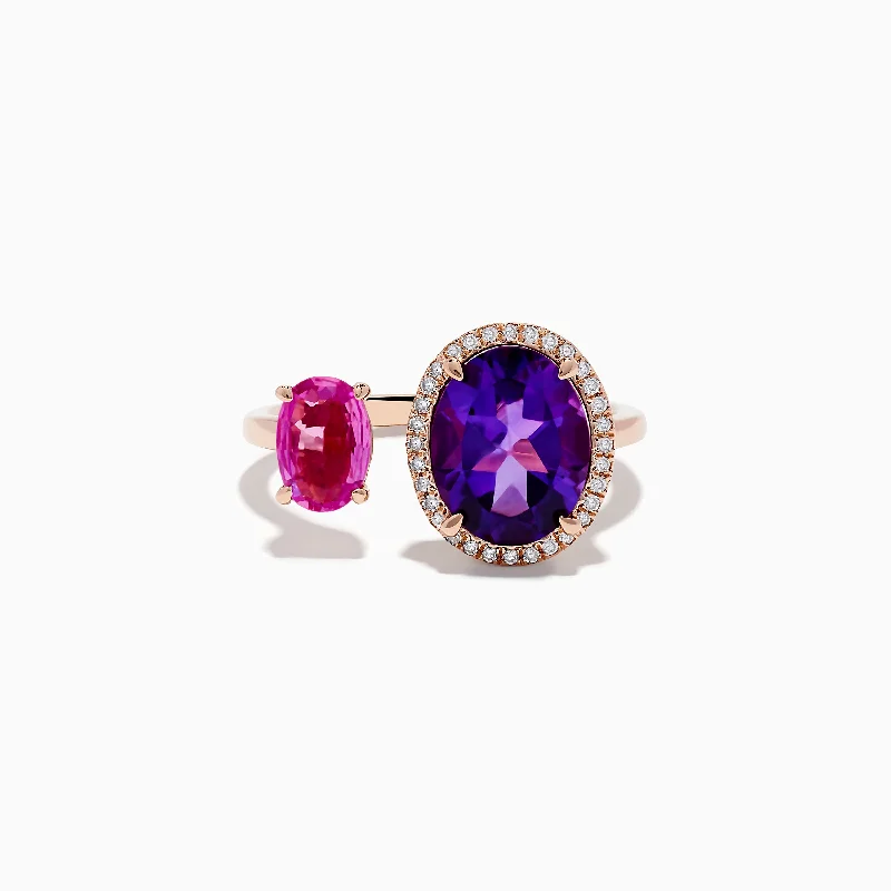 14K Rose Gold Amethyst, Pink Sapphire, and Diamond Toi Et Moi Ring