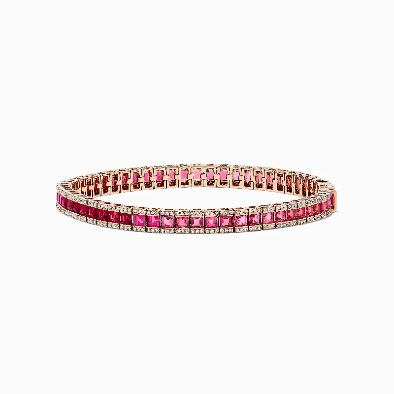 14k Rose Gold Princess Cut Ruby, Pink Tourmaline Tennis Bracelet