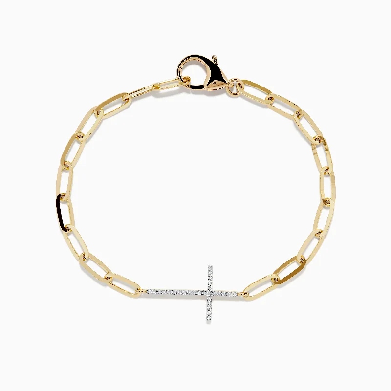 D'oro 14K Yellow Gold Diamond Cross Paperclip Bracelet