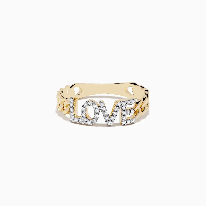 D'Oro 14K Yellow Gold Diamond "LOVE" Chain Link Ring