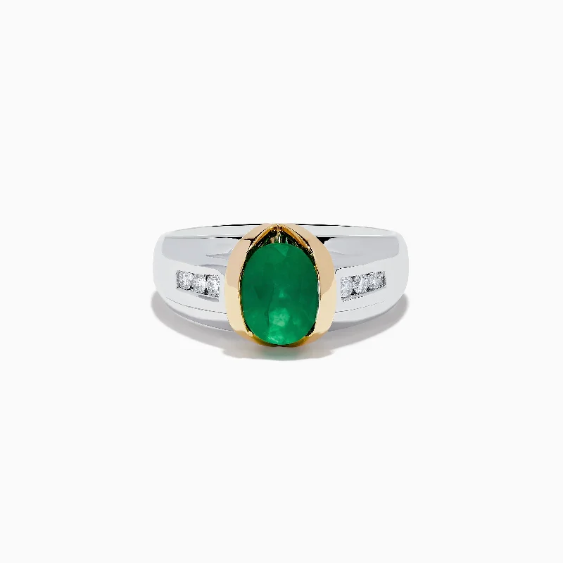 Mens 14K Two-Tone Gold Emerald and Diamond Ring