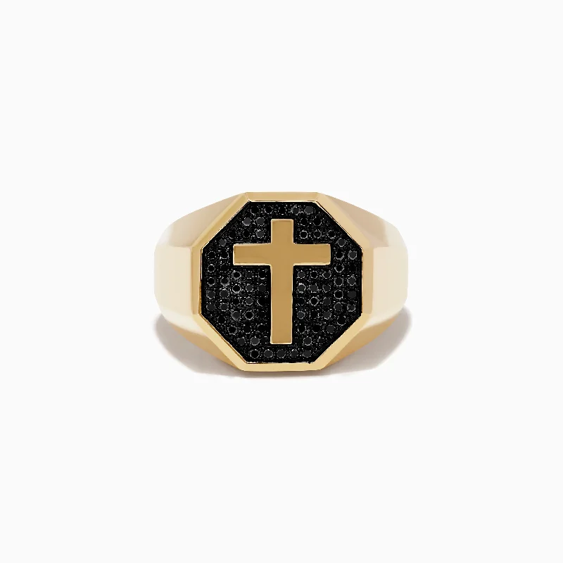 Men's 14K Yellow Gold Black Diamond Cross Ring