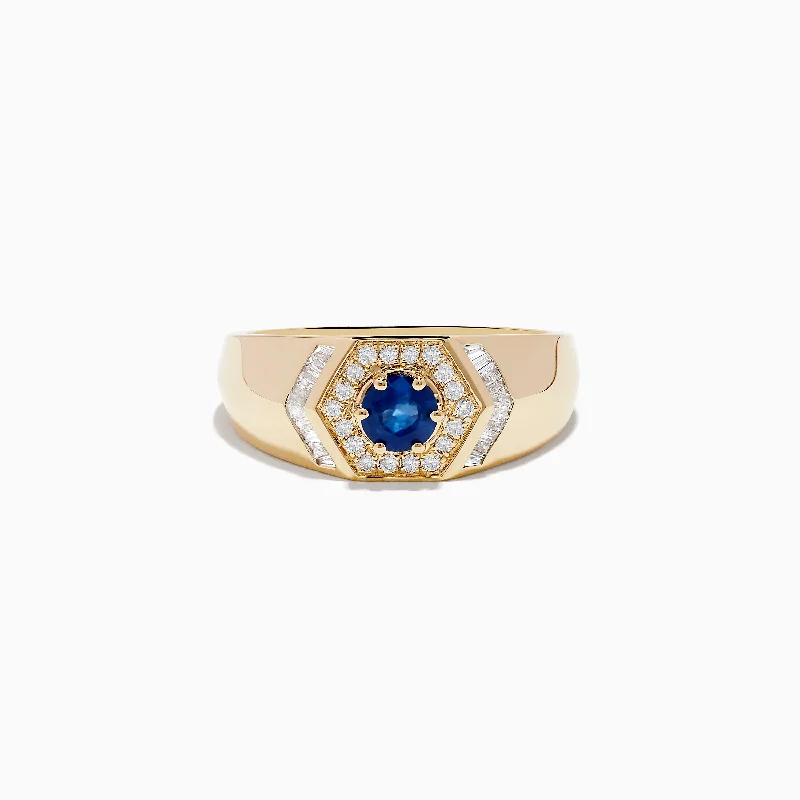 Men's 14K Yellow Gold Blue Sapphire and Diamond Ring