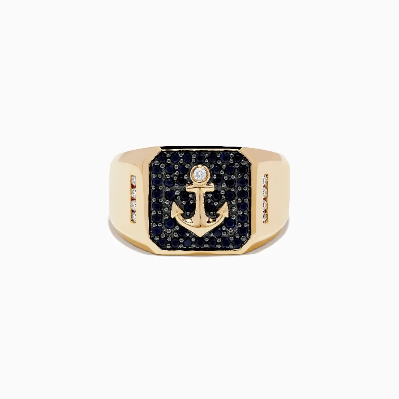 Men's 14K Yellow Gold Diamond and Black Sapphire Anchor Ring