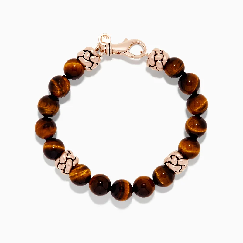 Men's 925 Sterling Silver Rose Gold Plated Tigers Eye Bead Bracelet