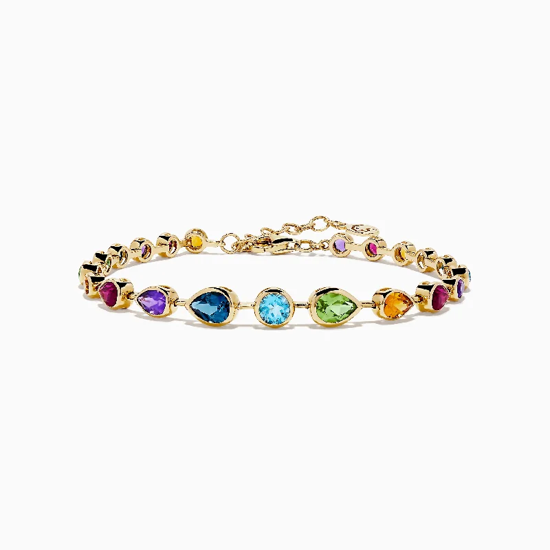 Mosaic 14K Yellow Gold Bezel Set Multi Gemstone Adjustable Tennis Bracelet 7.0 TCW