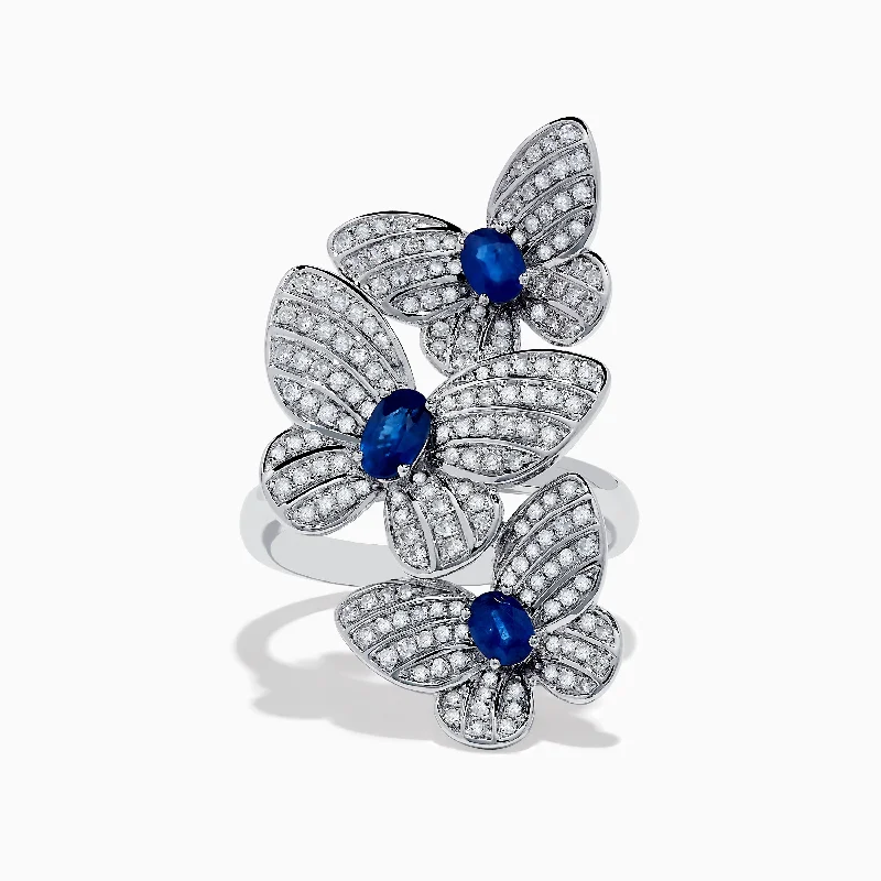 Nature 14K White Gold Blue Sapphire and Diamond Butterfly Ring