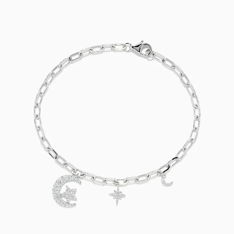 Novelty 14K White Gold Diamond Moon and Star Charm Bracelet