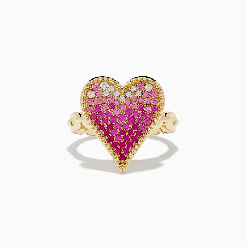 Novelty 14K Yellow Gold Pink Sapphire and Diamond Heart Ring