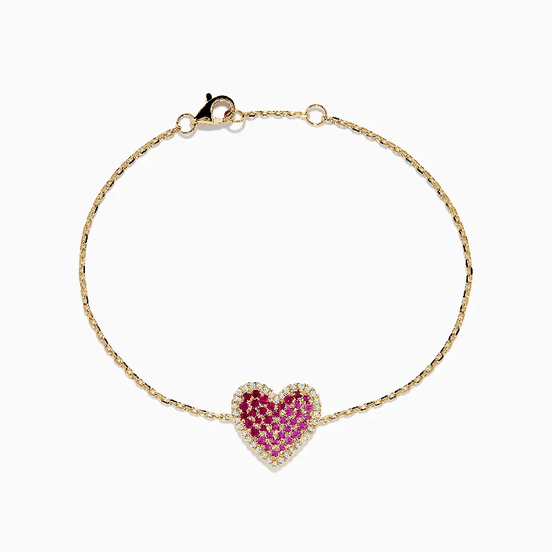 Novelty 14K Yellow Gold Ruby, Pink Sapphire and Diamond Heart Bracelet