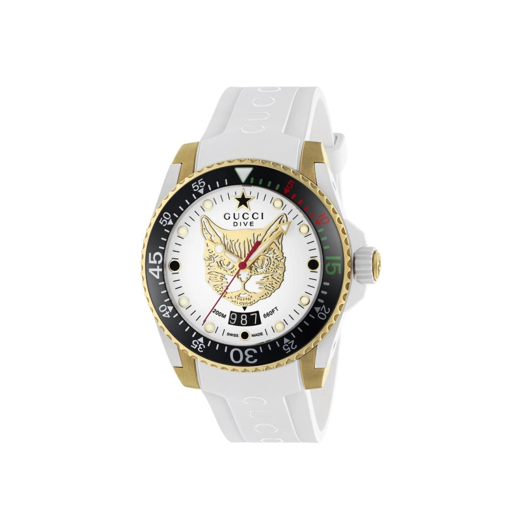 Gucci Ladies Dive Watch Yellow Gold PVD White Rubber 40mm Quartz