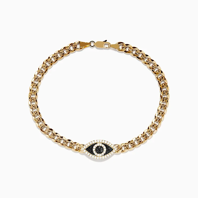 Men's 14K Yellow Gold Black and White Diamond Evil Eye Chain Bracelet 8.75"