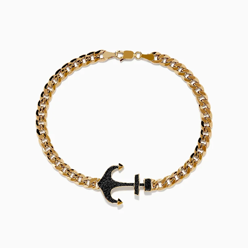 Men's 14K Yellow Gold Black Diamond Anchor Chain Bracelet