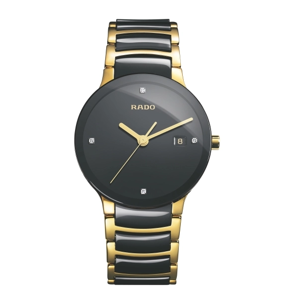 Rado Centrix Watch Ceramic/Yellow Gold PVD Black Dial Diamonds 38mm Quartz