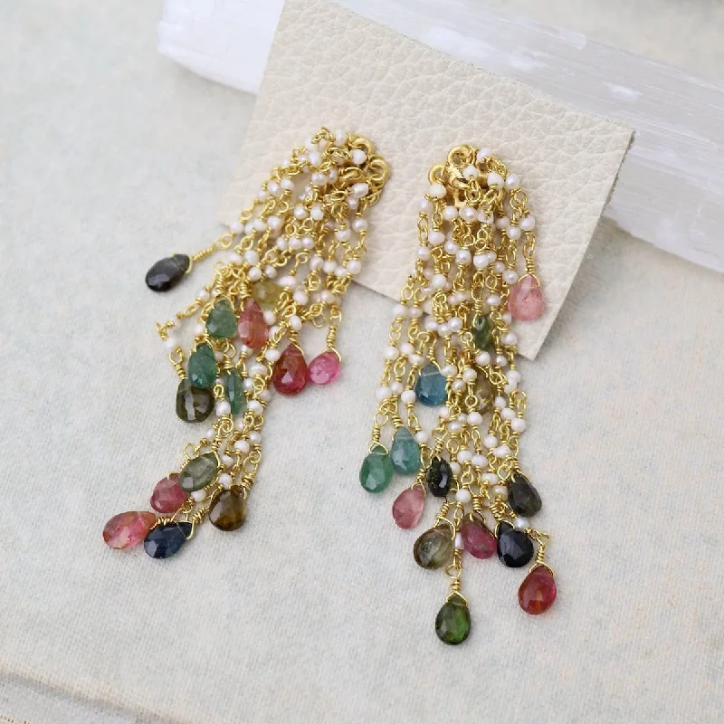 Multi Tourmaline & Pearl Waterfall Earrings