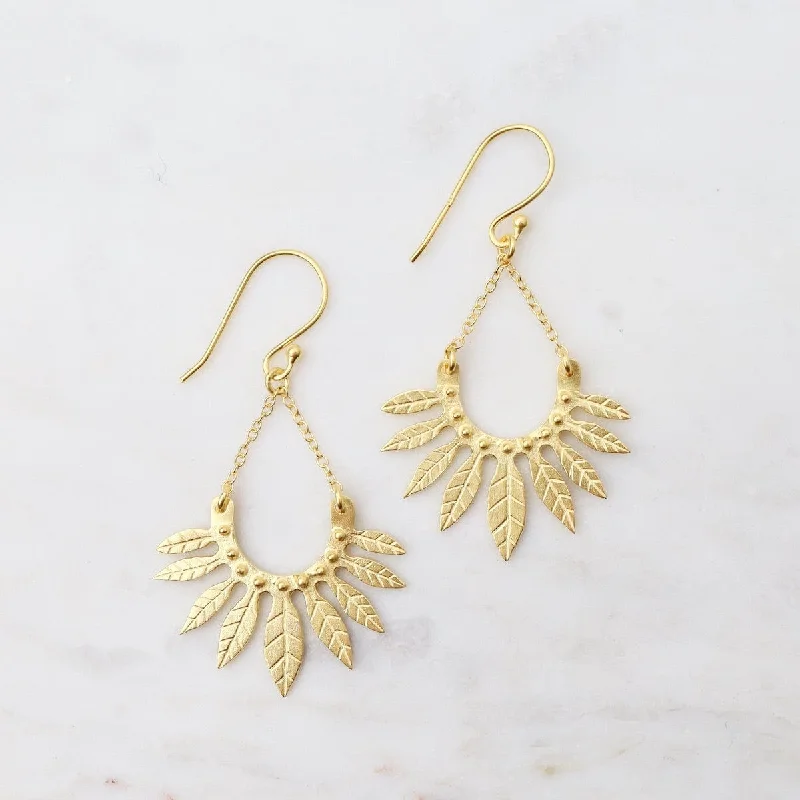 Gold Fan Textured Leaves Earrings