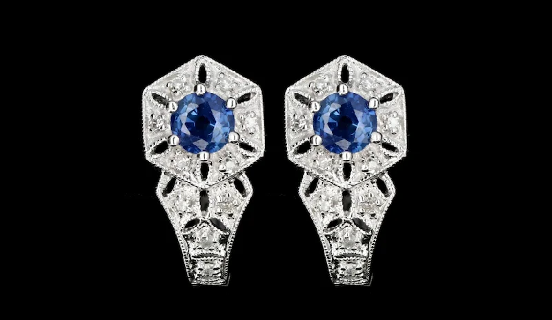 Modern 14K White Gold .60 Carat Natural Sapphire and Diamond Earrings