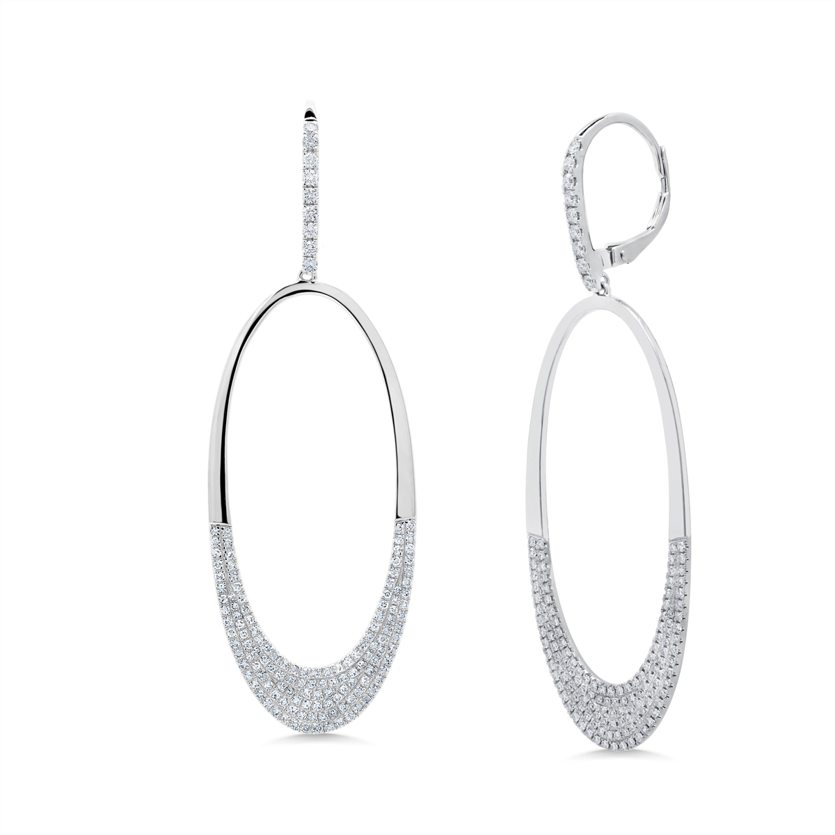 14K White Gold Oval Shaped Dangle Earrings with Pave Diamonds