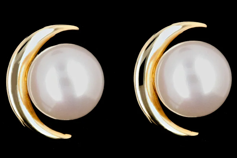 New 14K Yellow Gold Crescent Moon & Freshwater Cultured Pearl Earrings