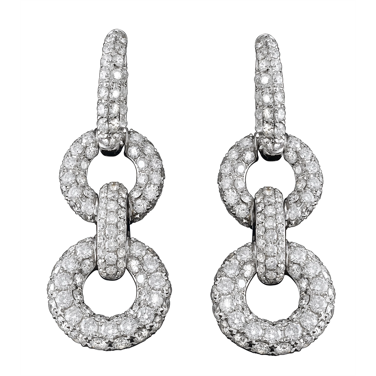 18K White Gold Pave Diamond Link Style Dangle Earrings