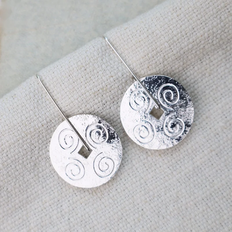 Large Disc with Swirls Long Earrings