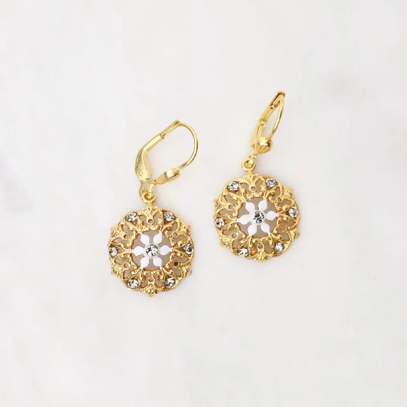 Gold Filigree Earrings with White Enamel Flower & Crystals