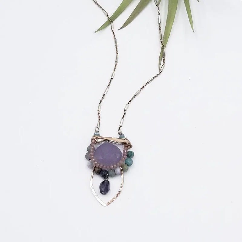 LAVENDER CHALCEDONY SURROUNDED BY PINK TOURMALINE AND CHRYSOCOLLA NECKLACE