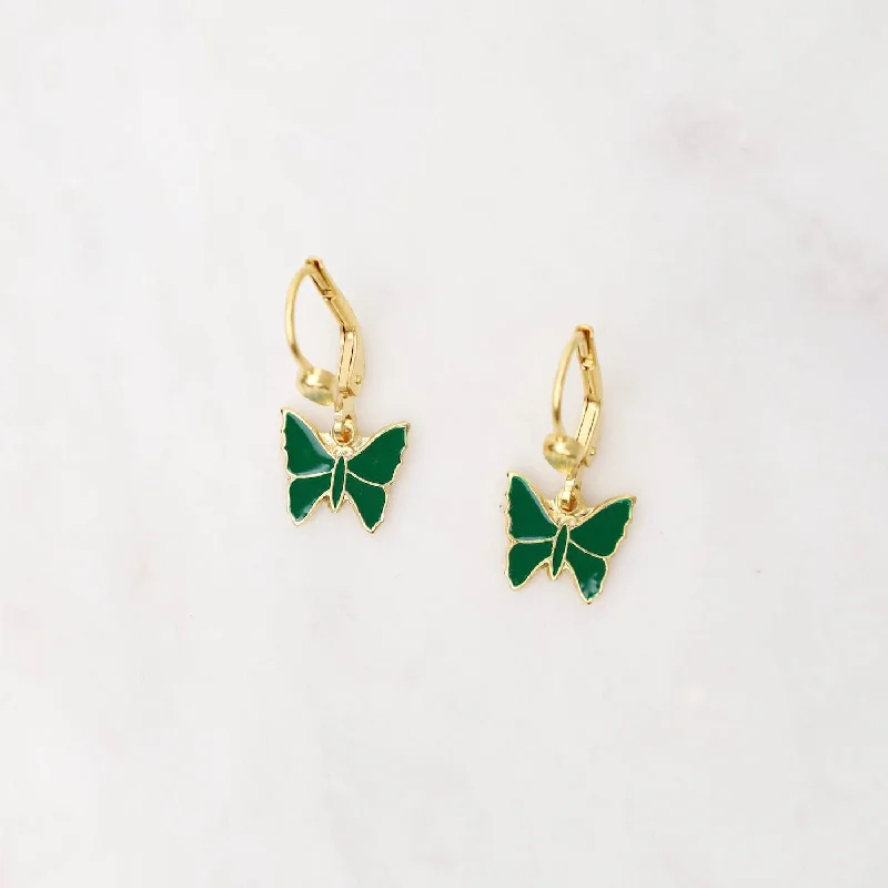 Gold Green Enamel Butterfly Earrings